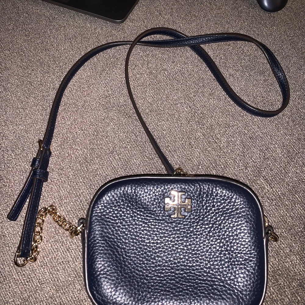 Tory Burch Navy Logo Round Pebbled Leather Bag